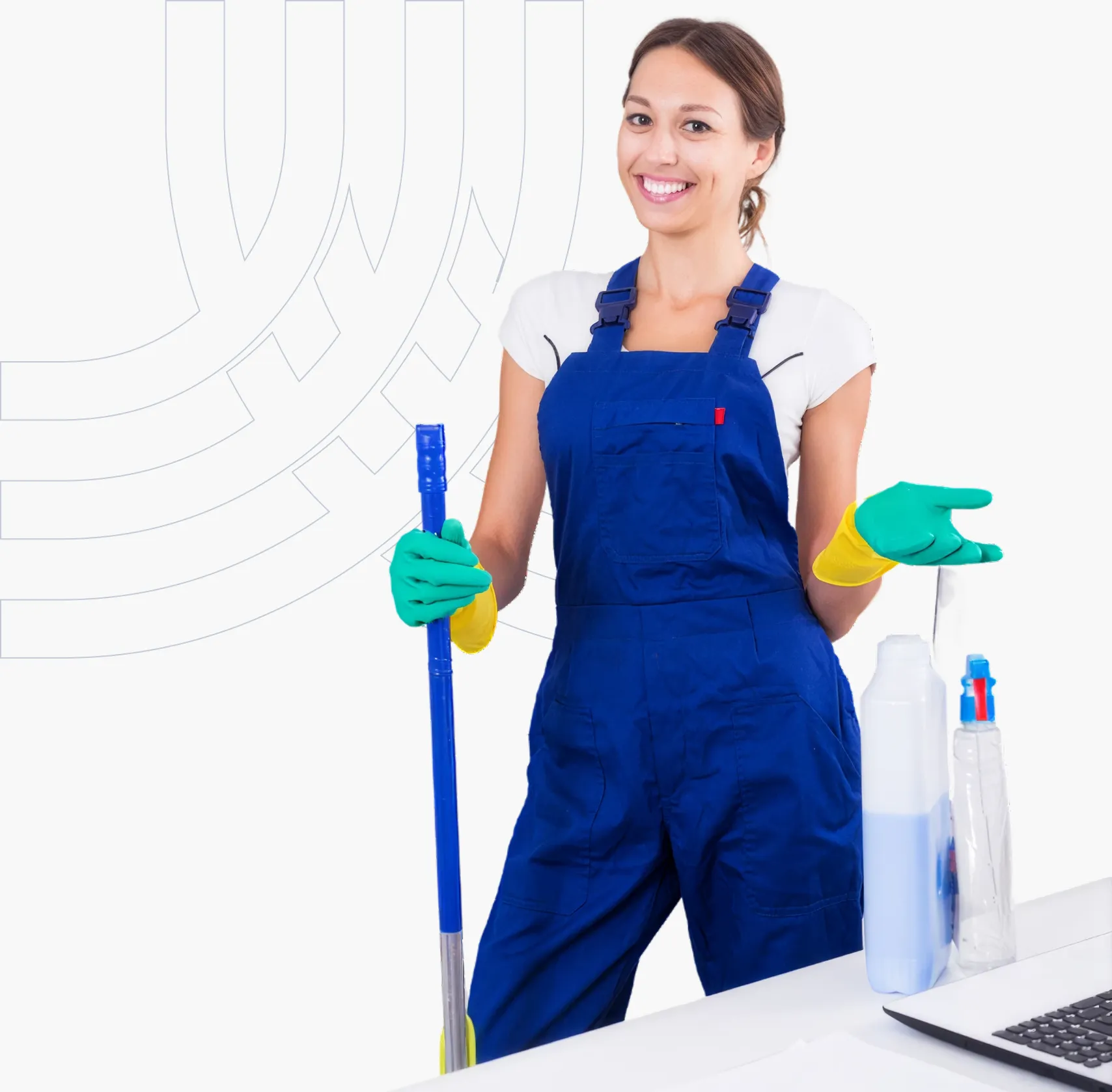 A JL Cleaning professional in blue overalls holding a mop and cleaning products