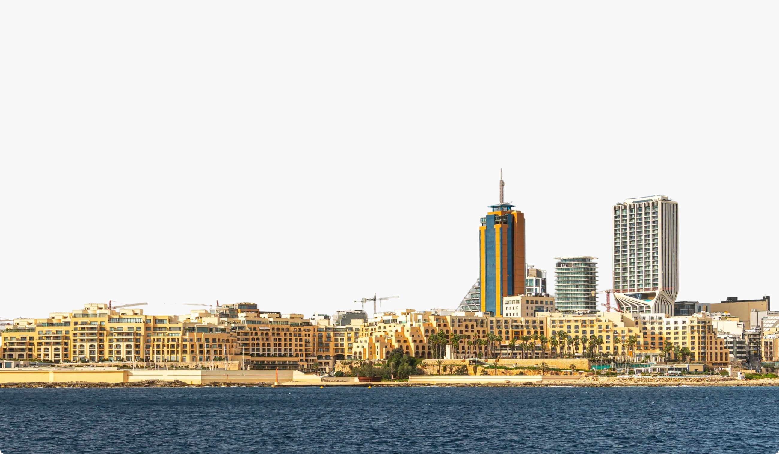 Waterfront skyline of modern apartment blocks and towers in Malta